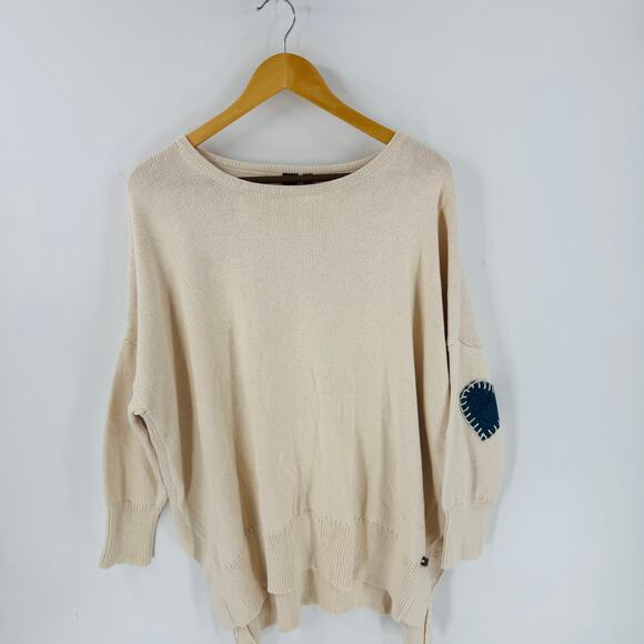 Shannon Passero Cream Knit Sweater L Denim Heart Elbow Patches Oversized Tunic - Picture 1 of 8